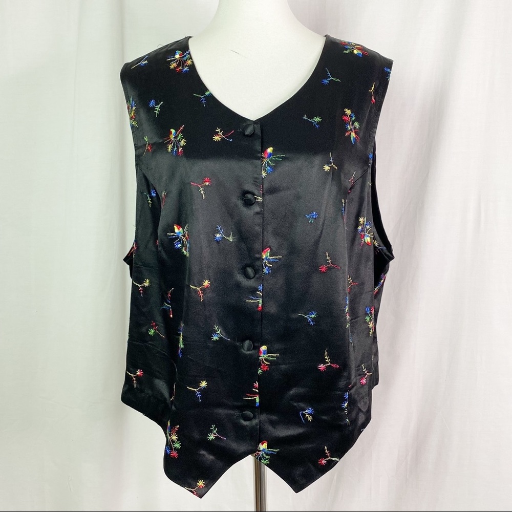 Vintage Black Satin Multicolored Flower Embroidered Button Front Vest XL